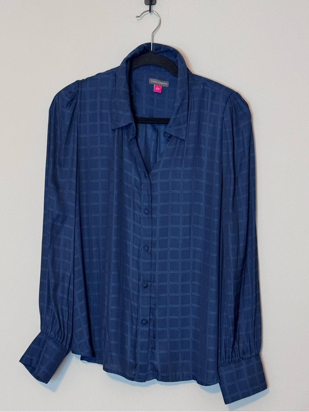 Vince Camuto Navy Windowpane Shoulder Pad Blouse Large